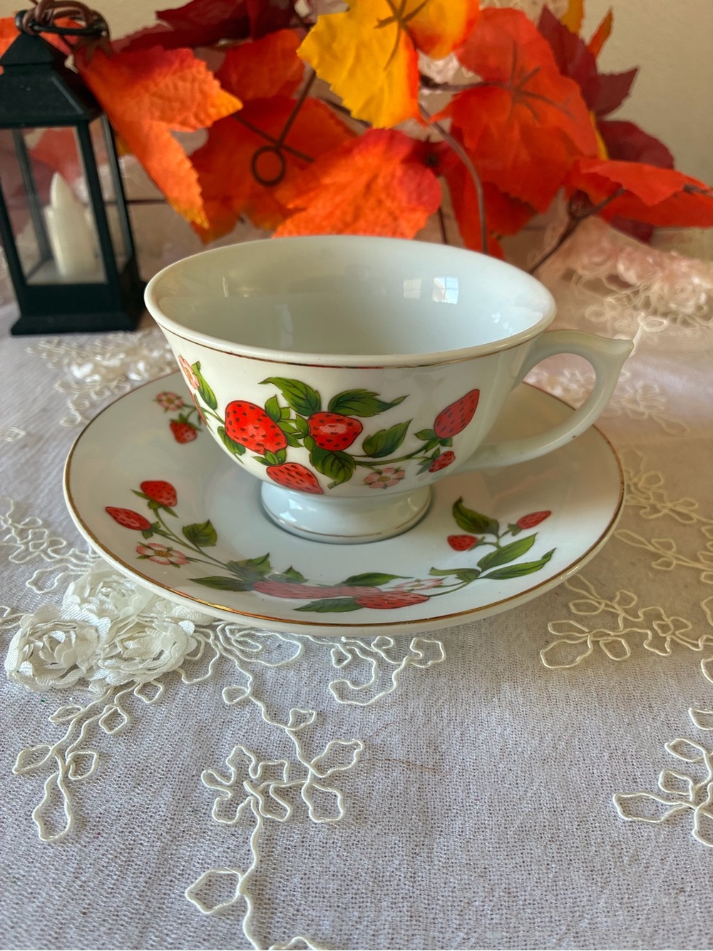 White Porcelain Strawberry Tea Cup and Saucer Set